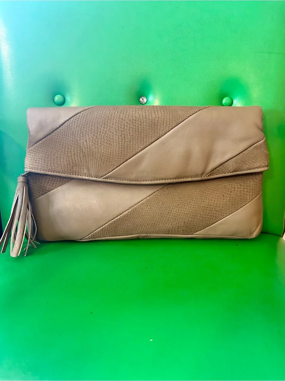 Taupe Fold-Over Leather Tassel Clutch